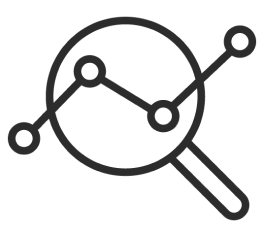 A magnifying glass over a line graph with data points, representing data analysis or analytics. The design is simple and uses black lines on a light background.